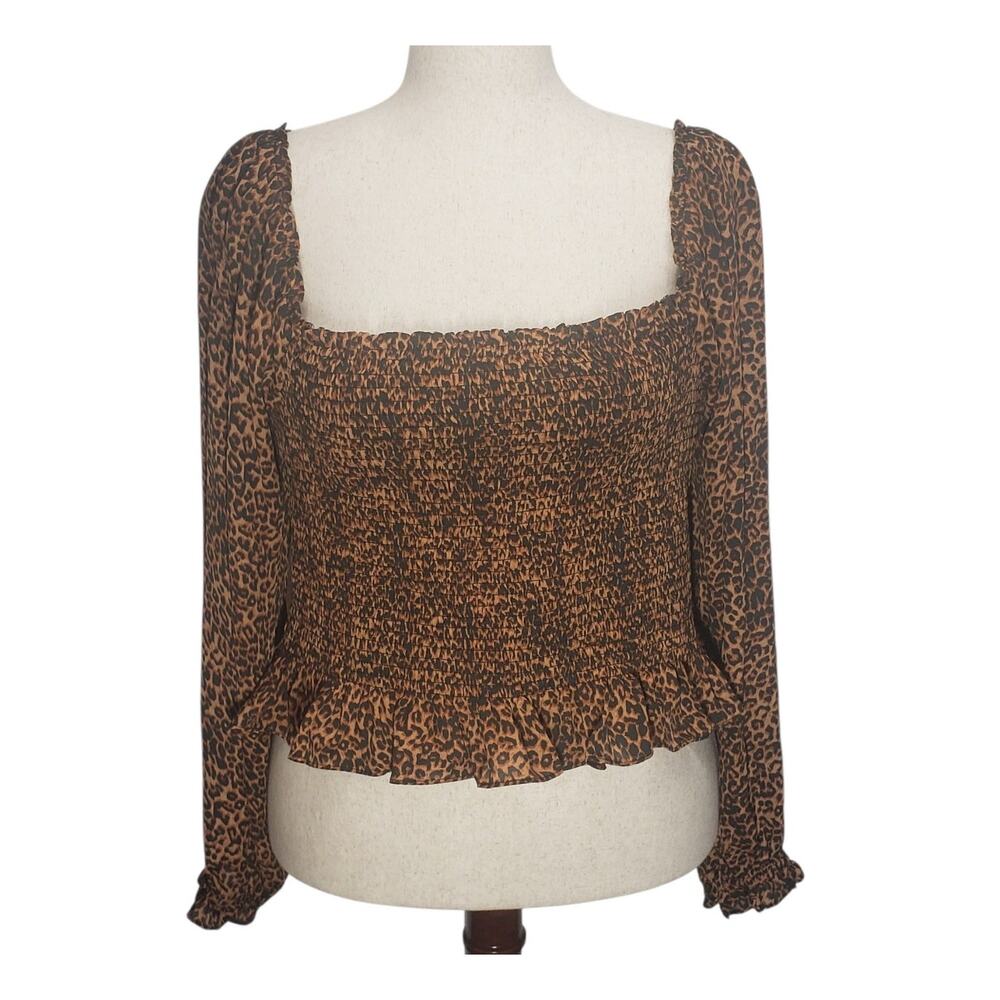 WAYF Leopard Print Milkmaid Top 3X NWT Smocked Mob Wife Animal Blouse